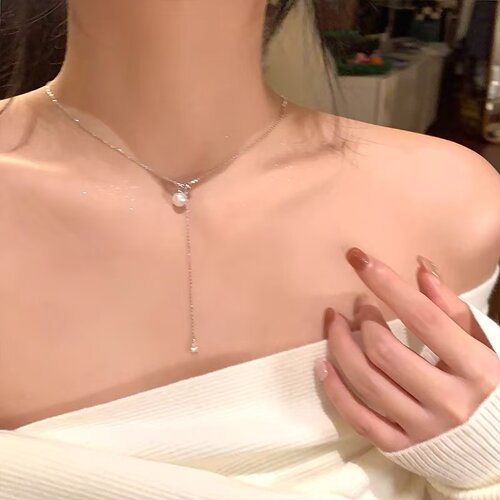 人鱼之泪s925银珍珠项链女抽拉锁骨链高级感小众颈链choker毛衣链