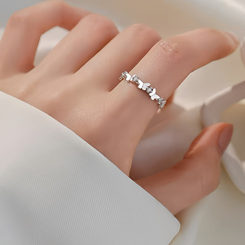 S925银小蝴蝶戒指女轻奢高级感开口戒素圈食指环小众设计可调节