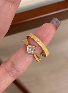 925银拉丝方钻星芒戒指女复古中叠戴组合轻奢高级感小众可调节