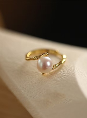 925银珍珠竹节戒指2025新款小众设计高级感开口可调节指环女