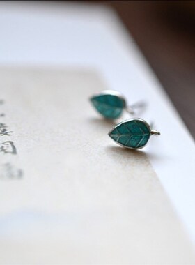 925纯银素银滴油彩色可爱蓝绿色树叶萌萌银耳钉耳饰