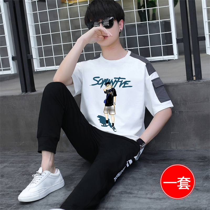 夏装短袖t恤男孩12-15岁青少年学生13潮牌帅气衣服14大童男装套装