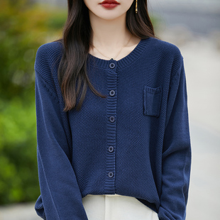 秋季宽松纯色圆领显瘦百搭纯棉通勤韩版针织毛衣单排扣开衫外套女