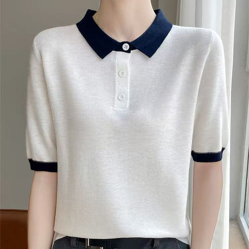 POLO领冰丝短袖T恤女上衣2025年夏季新款韩系时尚撞色翻领针织衫