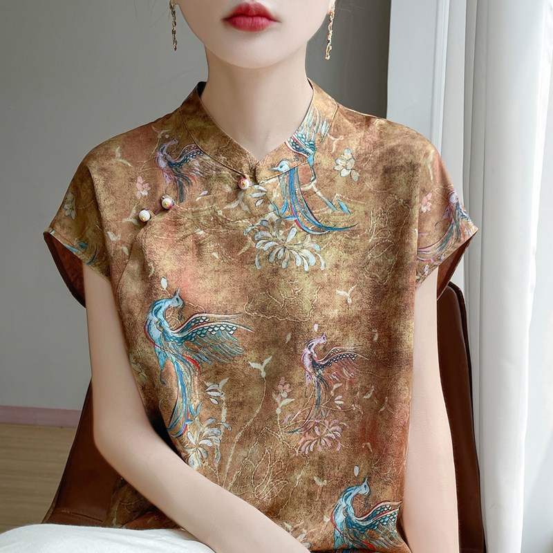 复古国风水墨印染提花百搭短袖女高级感新中式立领休闲洋气T恤衫,女装/女士精品,真丝上装,淘宝优惠券,粉丝福利购,淘宝优惠卷