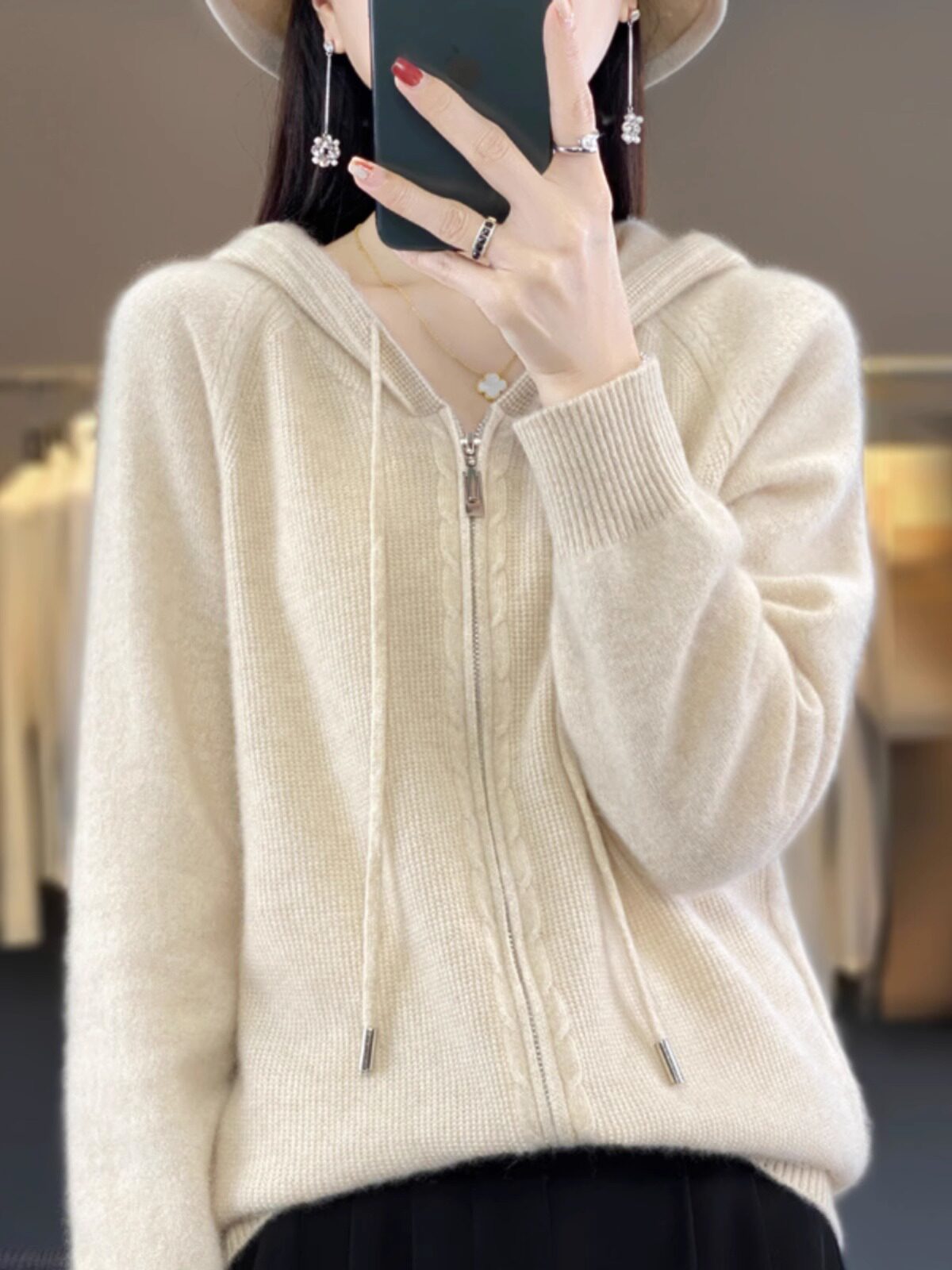 2023秋冬款100%纯羊毛开衫女士连帽百搭宽松拉链羊绒毛衣外搭上衣