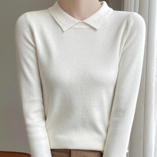 断码清仓新100羊毛衫女设计感翻领精针织衫秋冬薄套头毛衣打底