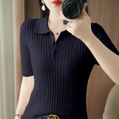 棉麻上衣修身 纯棉针织短袖 背心2025新款 半袖 显瘦纯色 女Polo领薄款
