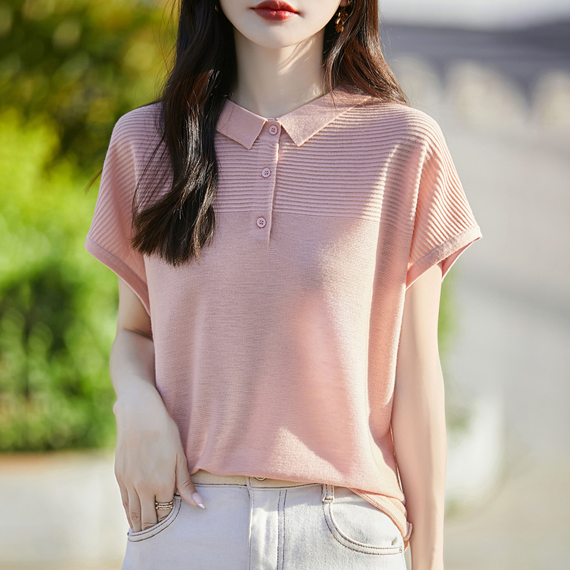 冰丝POLO领针织短袖T恤女轻薄透气宽松气质设计感飞袖上衣翻领T恤