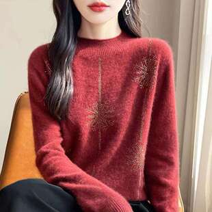 秋冬半高领烫钻雪花新年红女针织打底衫长袖套头毛衣内搭宽松上衣