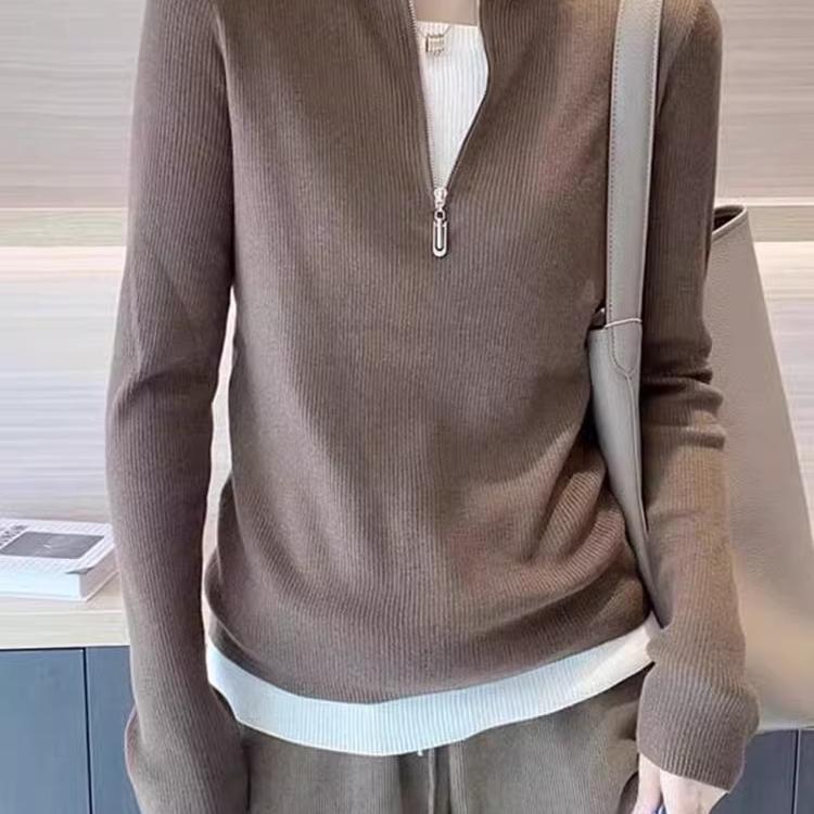 拉链立领羊毛针织衫女通勤修身百搭假两件别致长袖羊绒衫秋冬新款