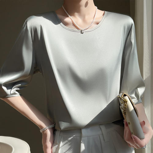真丝短袖缎面时尚西装内搭圆领桑蚕丝T恤女25年新款五分袖打底衫