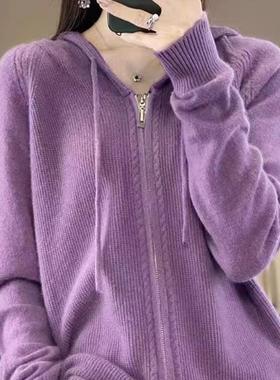 双拉链休闲连帽100纯羊毛开衫女宽松外套春秋绿色针织衫羊绒帽衫