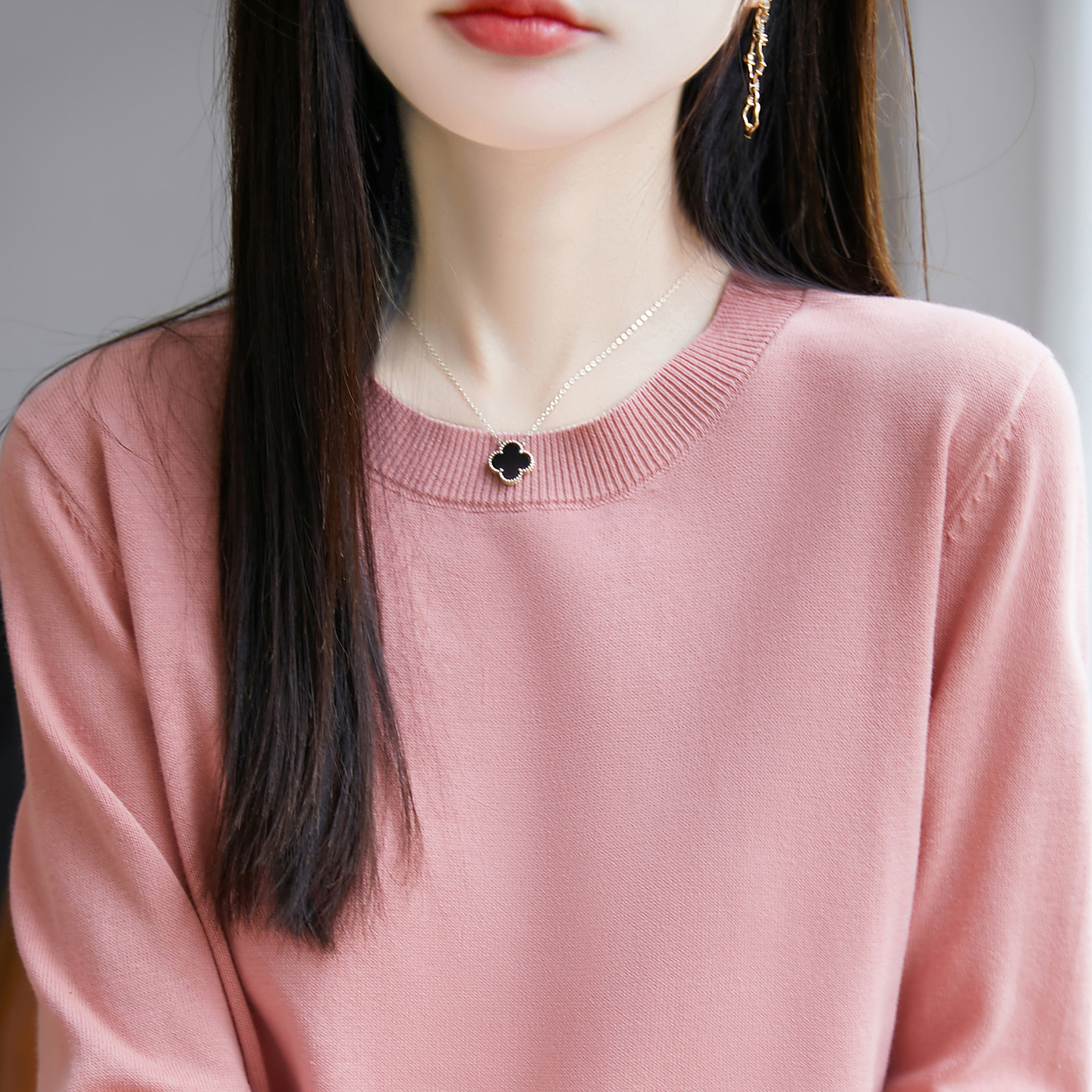 2025秋冬季新款纯棉线圆领针织衫七分袖t恤女纯色套头打底衫上衣