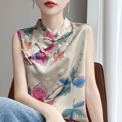 夏季立领国风新中式盘扣无袖花色连衣裙女宽松中长款套头裙子上衣