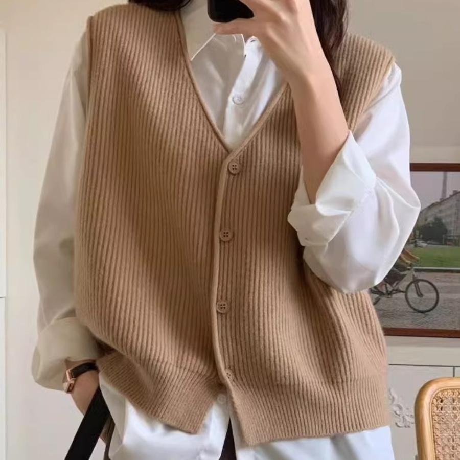 春秋慵懒V领100%纯羊毛开衫马甲女高级感马甲温柔叠层羊绒上衣