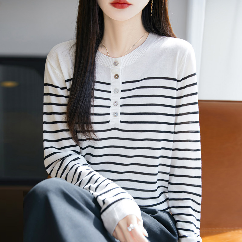 2025春夏凉感天丝莱塞尔黑白条纹长袖针织打底衫女半开领休闲上衣