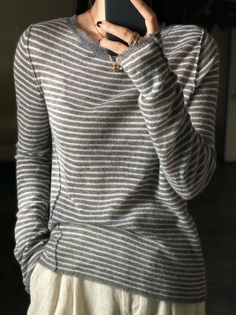 欧洲站精纺羊毛衫女超薄微透圆领条纹外穿毛衣宽松打底针织衫春秋,女装/女士精品,毛针织衫,淘宝优惠券,粉丝福利购,淘宝优惠卷