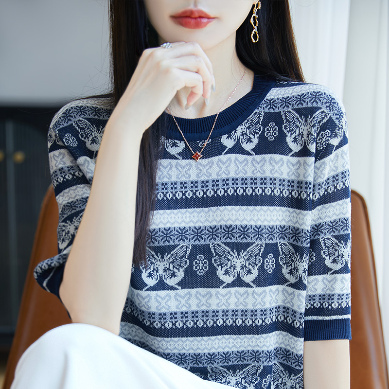 蝴蝶提花针织短袖T恤女2025夏宽松外穿显瘦上衣撞色针织开衫T恤薄