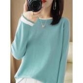 拼色2024春季 款 宽松长袖 100%纯棉女圆领内搭针织衫 打底衫 毛衣