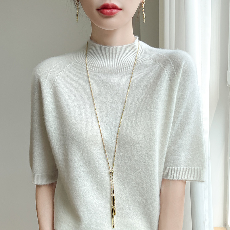 25年新款一线成衣中袖半高领春秋t恤五分袖半袖休闲针织短袖毛衣