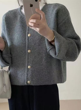 法式灰色小香风毛衣开衫女秋季高级感短款针织外套宽松外搭上衣