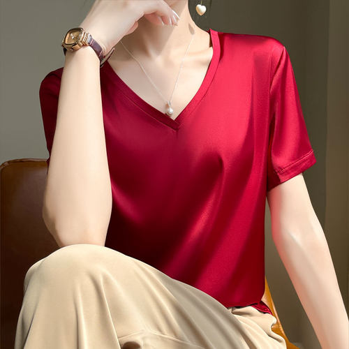 纯色短袖t恤女2024真丝上衣V领正肩合身显瘦光泽感醋酸缎面半袖