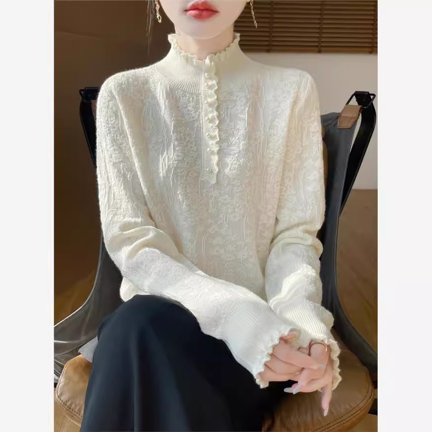 设计感珍珠扣半开领羊毛衫女冬季新款木耳边毛衣半高领针织打底衫