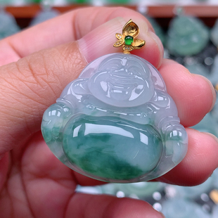 翡翠A货 尺寸28.2×31.2×5.8 18k金扣头水润胶感飘花佛公吊坠
