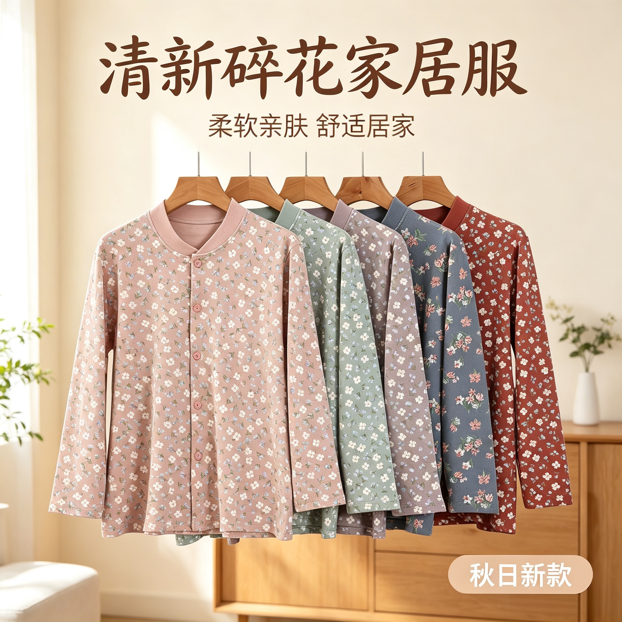 秋冬新品纯棉开襟秋衣女大码中老年人妈妈碎花开衫宽松睡衣家居服