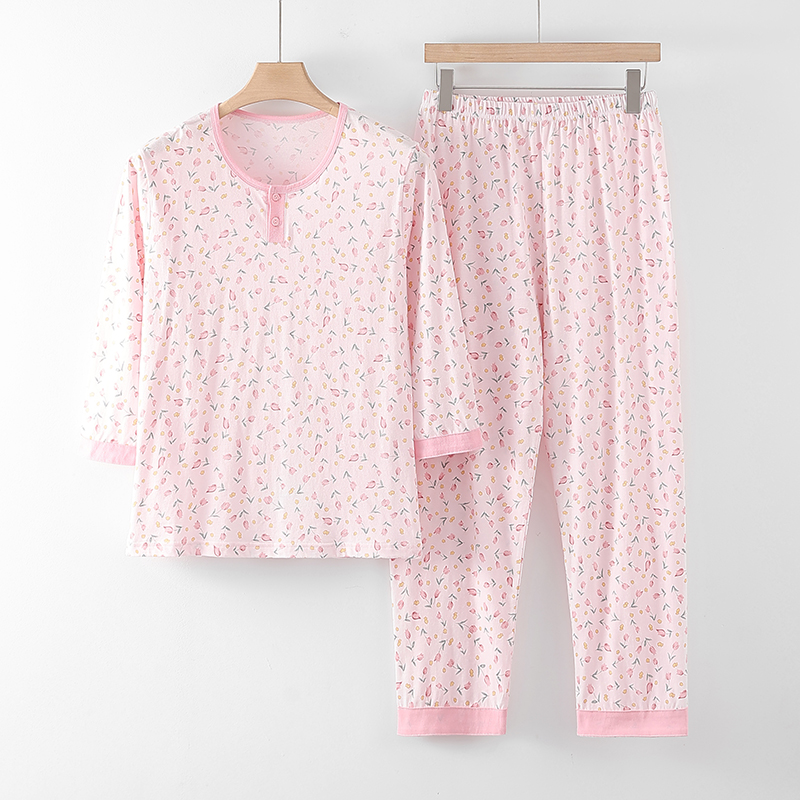中老年人纯棉家居服睡衣套装女妈妈套头衫八分袖薄款背心宽松上衣