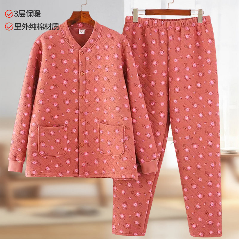 中老年人三层夹棉保暖内衣套装女加厚妈妈对襟开衫老人家居服秋冬