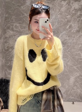 商场同款MO家2025冬新圆领破洞笑脸黄色针织衫毛衣女MBE4SWT038