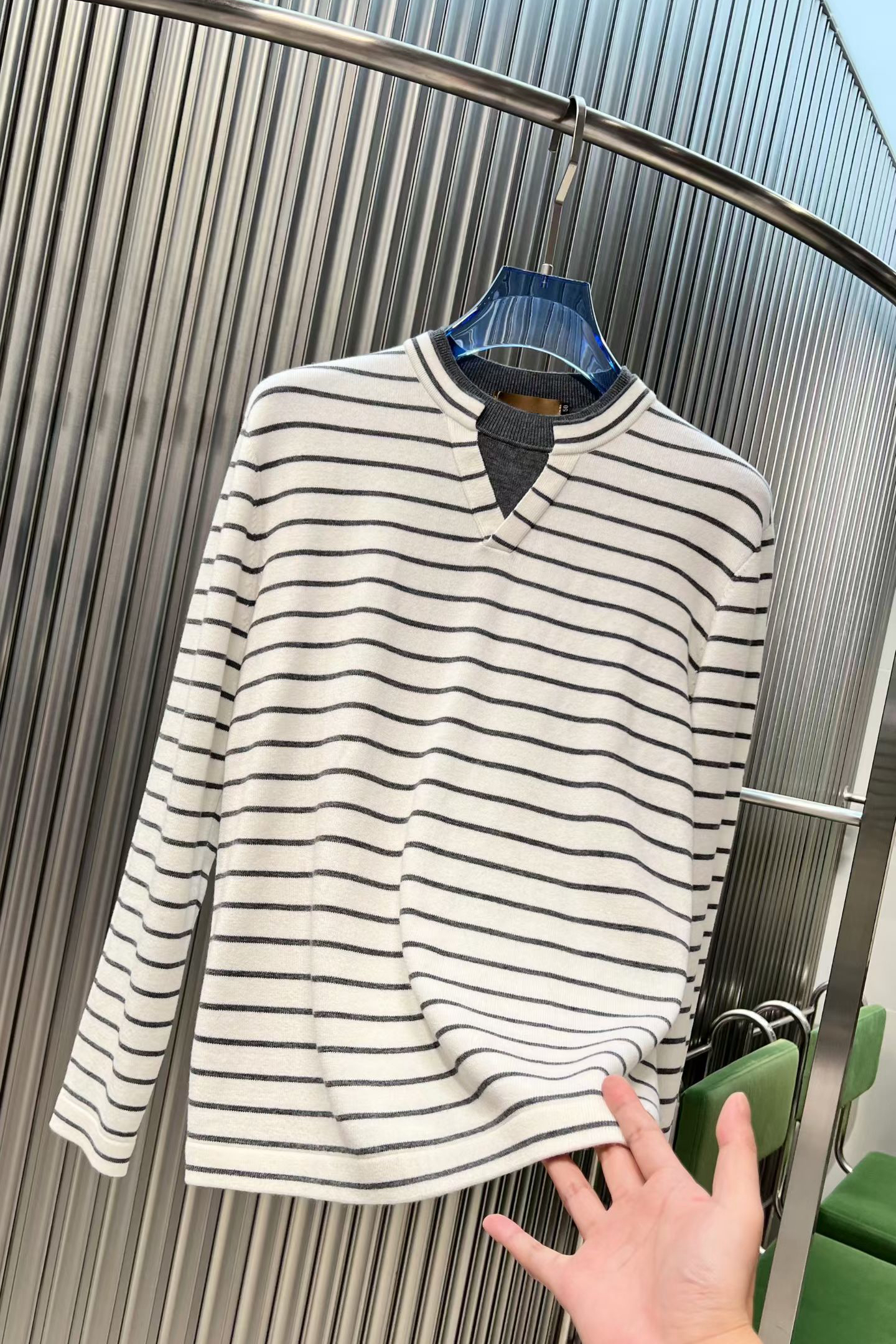 T25冬季新款男士温州欧版微阔宽松条纹打底衫假两件圆领长袖T恤