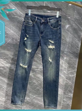 T23冬季新款男士温州欧版修身小脚破洞保暖加厚磨毛蓝色长牛仔裤