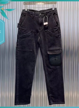 T24冬季新款男士温州欧版修身小脚刺绣保暖厚磨毛深灰色长牛仔裤