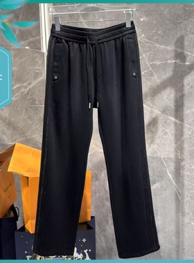 T25夏季新款男士温州欧版宽松直筒潮流刺绣条纹黑色长运动休闲裤