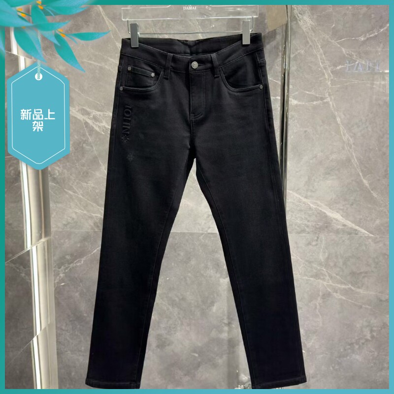 T26冬季新款男士温州欧版修身小脚刺绣保暖加厚磨毛黑灰色牛仔裤