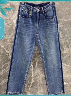 T23秋冬新款男士温州欧版微阔宽松直筒潮流刺绣简约蓝色长牛仔裤