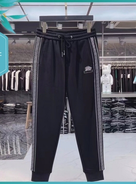 TT22秋季新款男士温州欧版修身小束脚潮流刺绣条纹黑色运动休闲裤