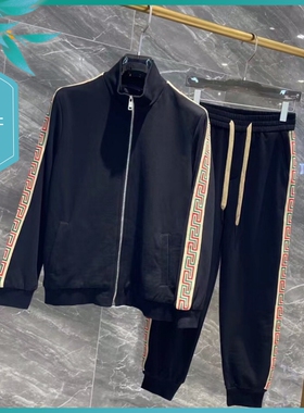 T23秋季新款男士温州欧版修身潮流刺绣印花条纹立领休闲运动套装