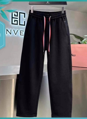 T24冬季新款男士温州欧版宽松直筒刺绣保暖厚加绒黑色运动休闲裤