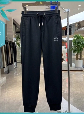 T24夏季新款男士温州欧版修身小束脚潮流刺绣印花黑色运动休闲裤