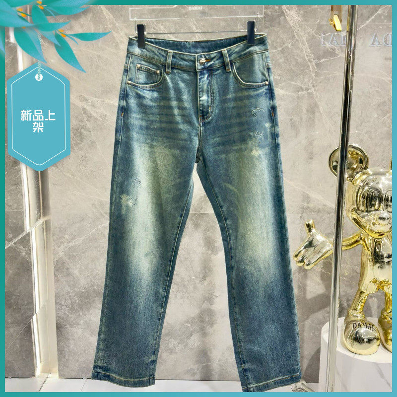 T26春夏新款男士温州欧版宽松直筒潮刺绣印花简约浅蓝色长牛仔裤