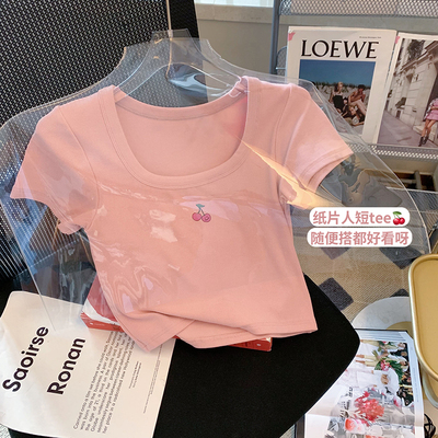 粉色樱桃印花t恤女短袖2022年夏季新款修身显瘦甜辣短款上衣ins