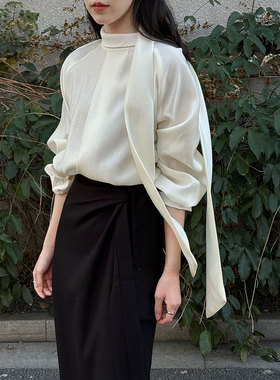 鹿西 法式温柔立领飘带长袖衬衫女2026早春新款气质百搭衬衣