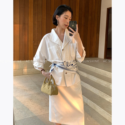 AC SUNSHINE绳结漫调撞色丝巾呼吸棉质松弛感翻领衬衫女上衣