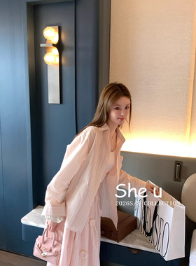 SHE U十三行韩系学院条纹立体花上衣2026春新款宽松百搭慵懒衬衫