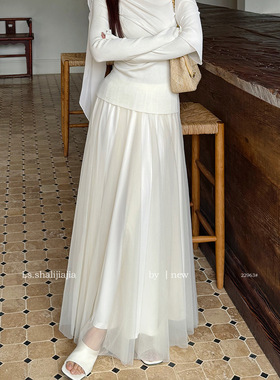 LS述致半身裙长裙网纱2026早春新款温柔风杏色百搭气质