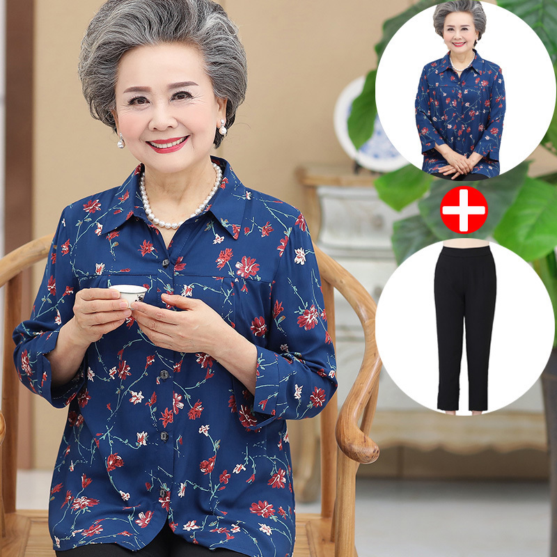 中老年人夏装女纯棉长袖衬衫60-70岁妈妈秋装T恤奶奶装上衣服套装